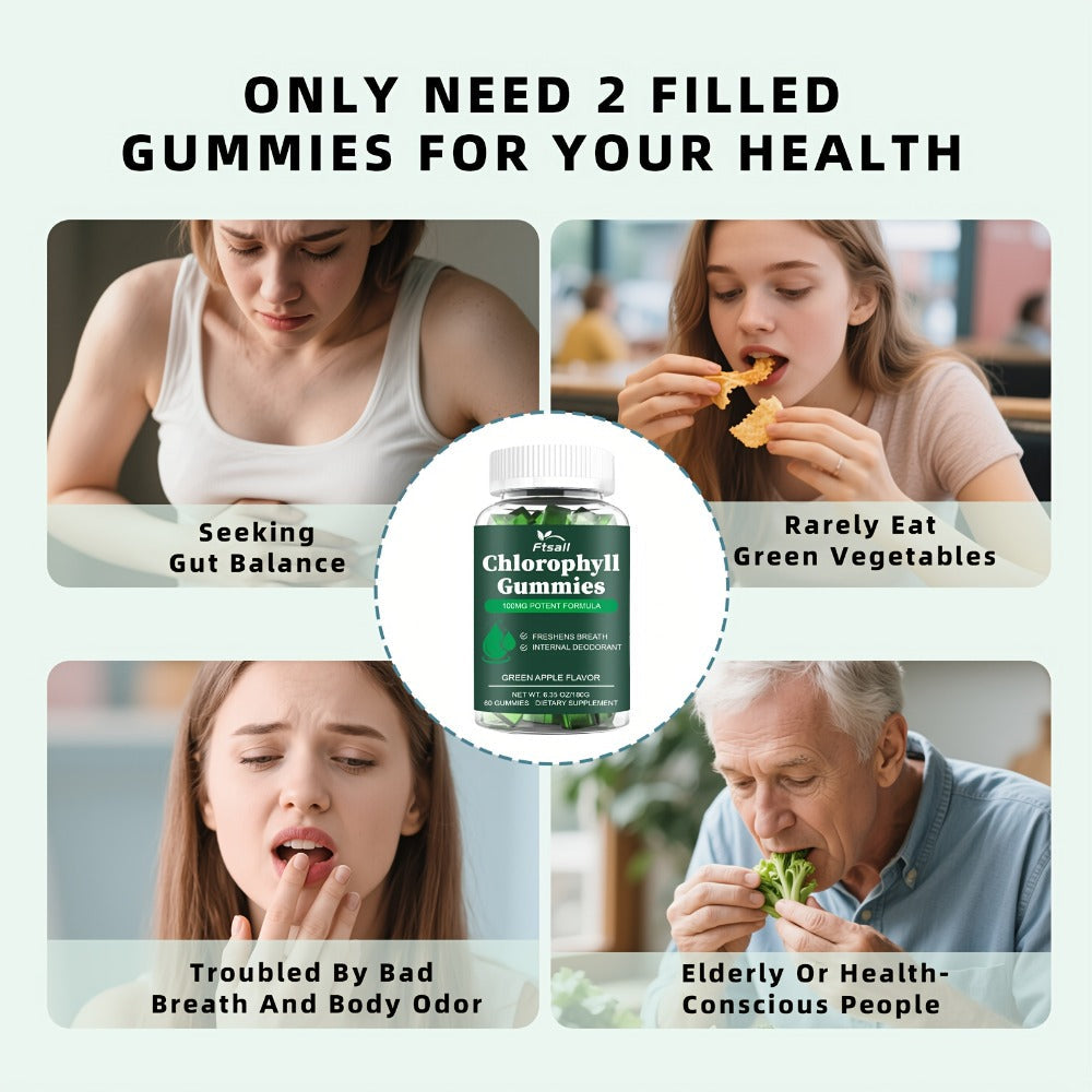 Chlorophyll Gummies 60 Count with Vitamin C D3 E B12 Zinc Irish Sea Moss Elderberry Echinacea & Apple Cider Vinegar