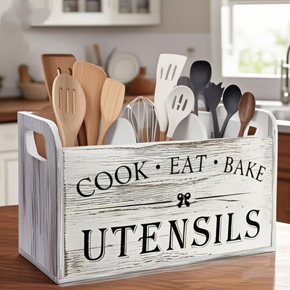 Wooden Kitchen Utensil Holder 3 Compartment Countertop Organizer, Rustic Wood Kitchen Tool Storage Box Wall Mounted or Countertop