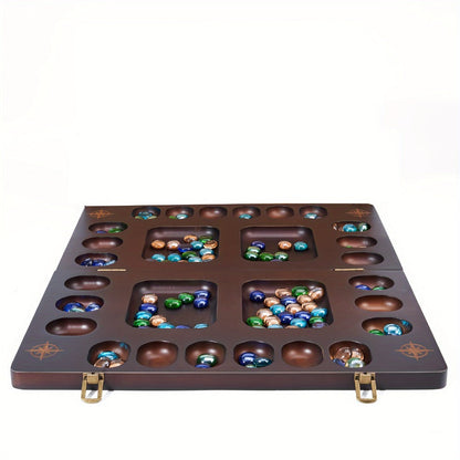 4-Player Mancala Game Set – Premium Solid Wood Folding Board with 108 Multi-Color Glass Stone Beads & Instructions