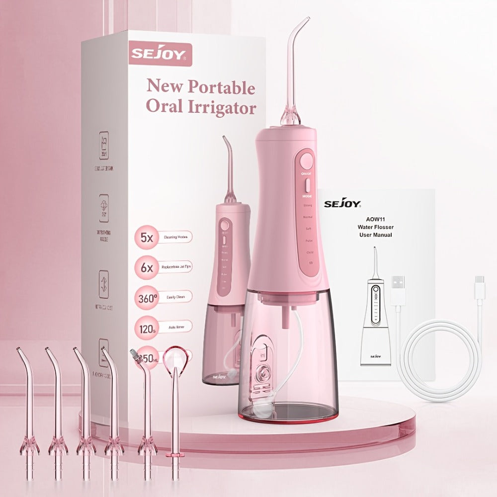 Water Flosser SEJOY AOW11 Cordless Oral Irrigator with 350ml Tank, Five Modes, Six Tips, USB-C Charging and IPX7 Rating