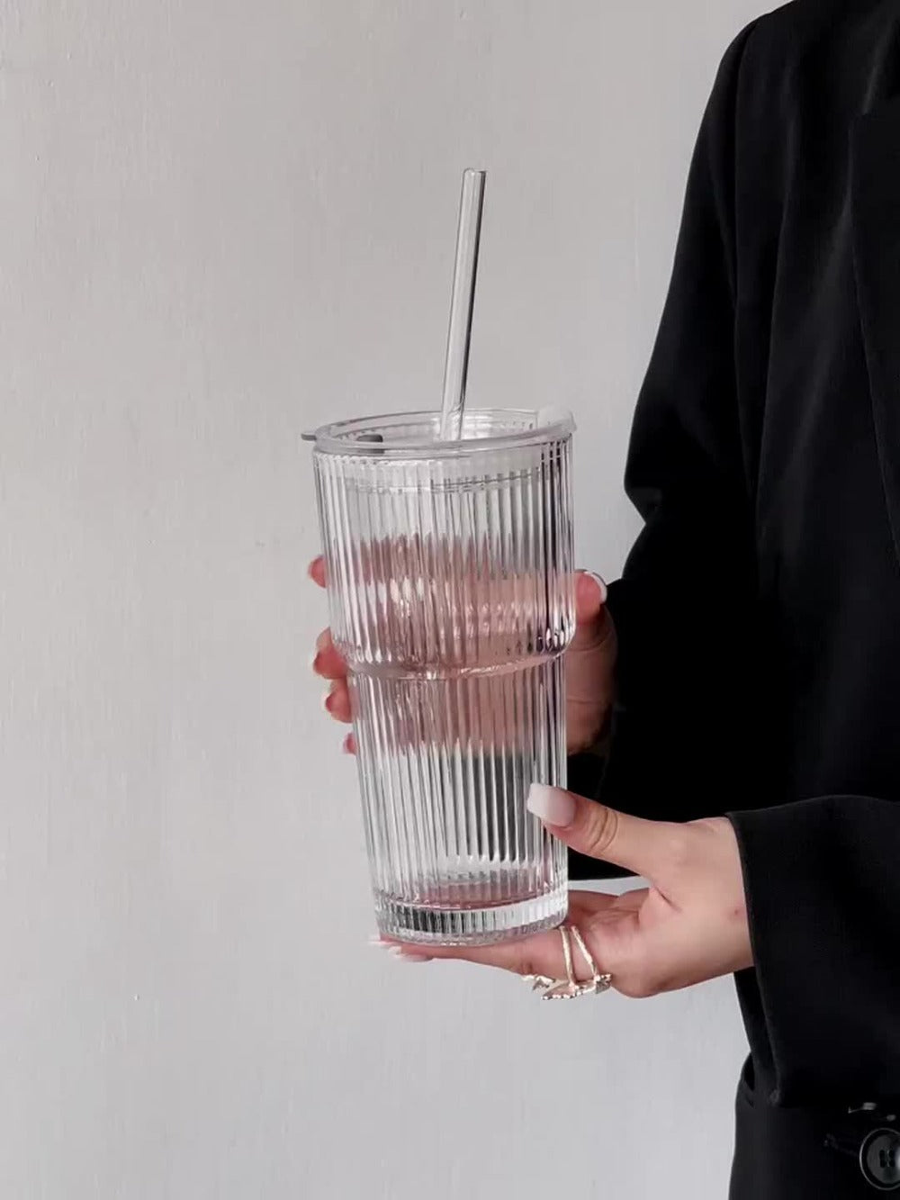 Striped Drinking Glasses with Lids and Glass Straws, 19-Ounce Tumblers in Two- or Four-Piece Sets