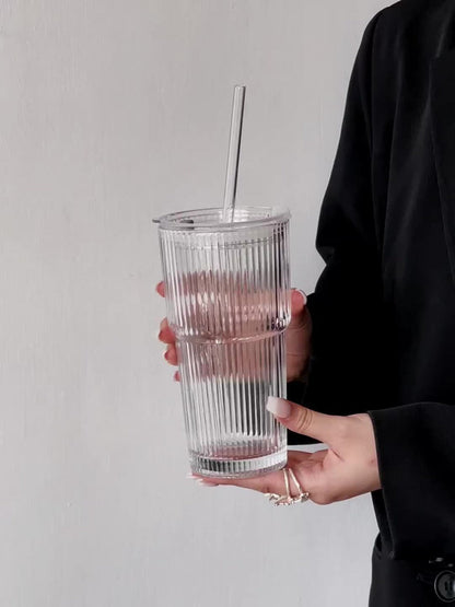 Striped Drinking Glasses with Lids and Glass Straws, 19-Ounce Tumblers in Two- or Four-Piece Sets