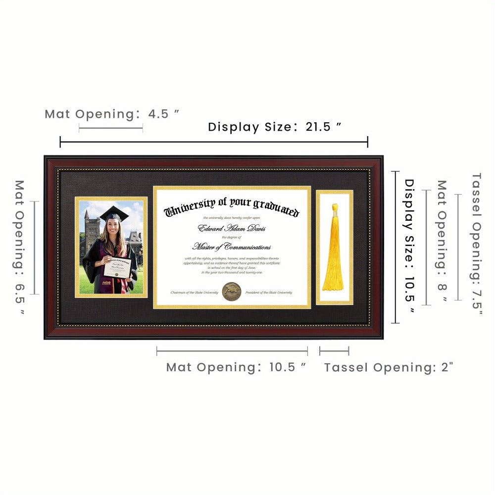 Diploma Frame 11x22 with Tassel Holder for 8.5x11 Certificate and 5x7 Photo, Mahogany Frame with Gold Beads