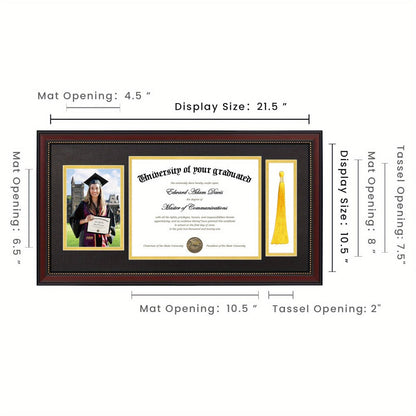 Diploma Frame 11x22 with Tassel Holder for 8.5x11 Certificate and 5x7 Photo, Mahogany Frame with Gold Beads
