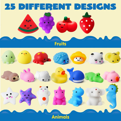 25-Piece Mini Mochi-Style Squishy Toy Set with Assorted Animal and Fruit Shapes from 1 to 1.38 Inches