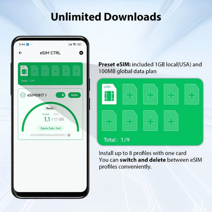 Global Travel eSIM Card EIOTCLUB Unlimited Downloads Store 8 Profiles, Works in Europe USA Japan China & 100+ Countries No Roaming Fees