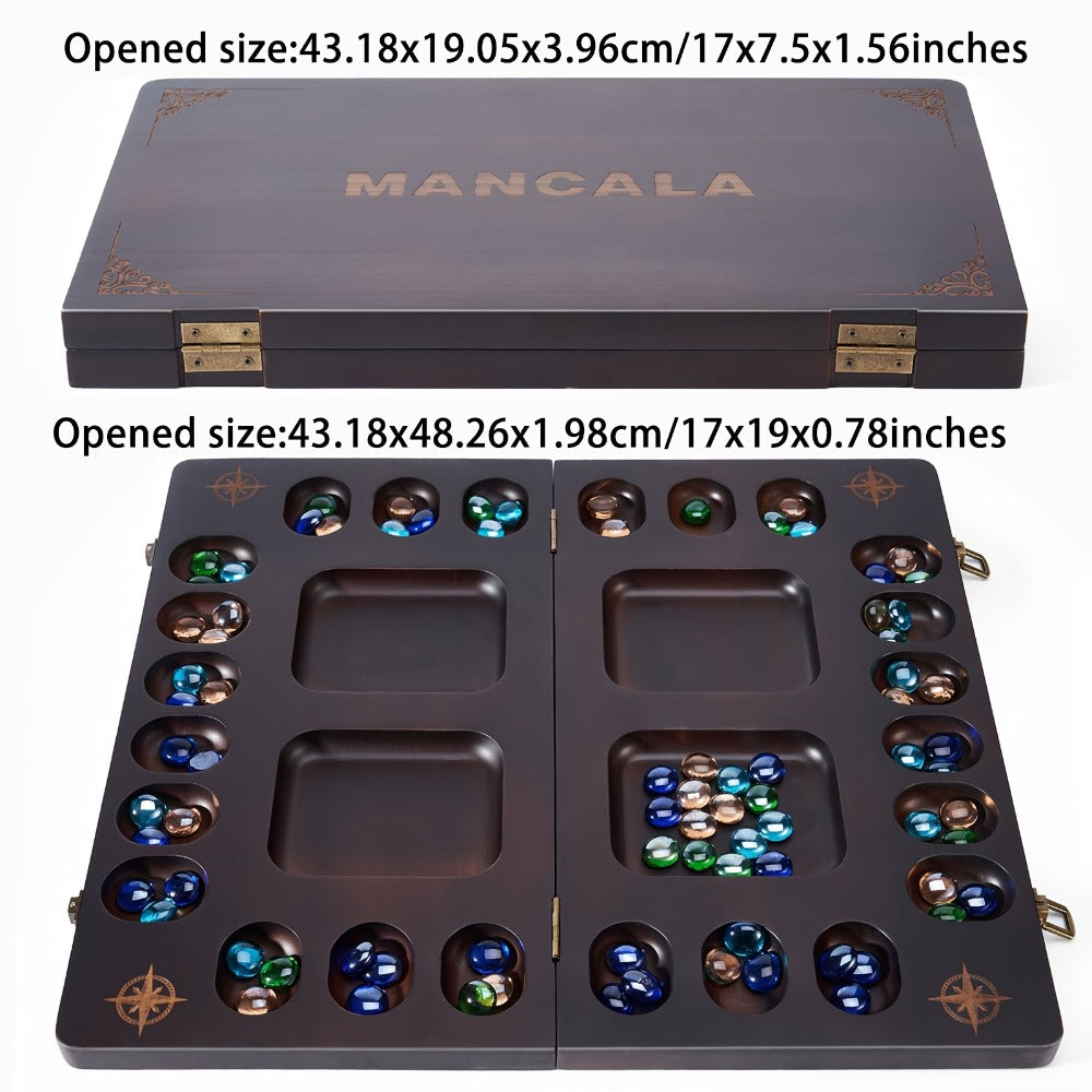 4-Player Mancala Game Set – Premium Solid Wood Folding Board with 108 Multi-Color Glass Stone Beads & Instructions