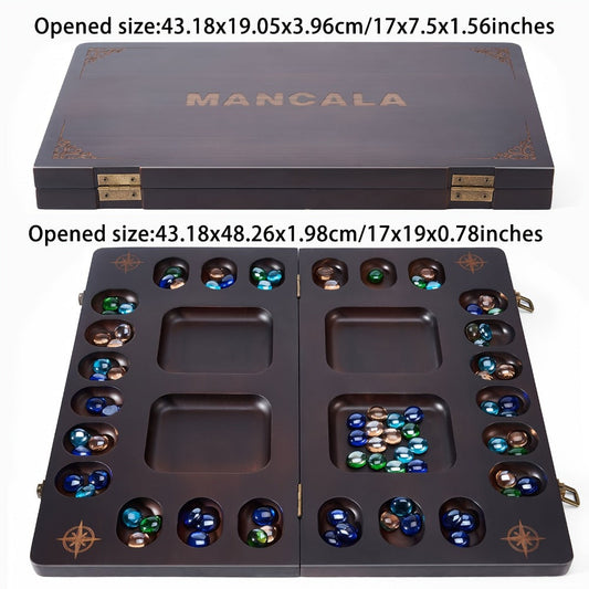 4-Player Mancala Game Set – Premium Solid Wood Folding Board with 108 Multi-Color Glass Stone Beads & Instructions
