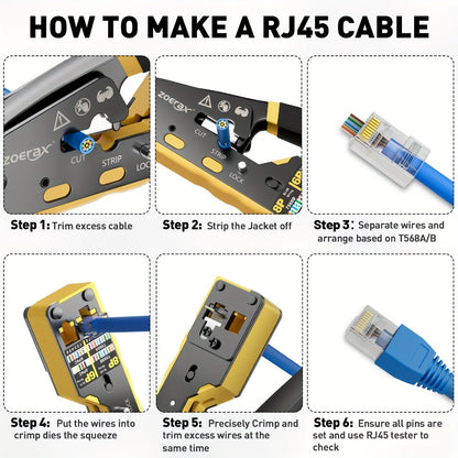 RJ45 Crimping Tool Kit Ethernet – CAT5/CAT5e/CAT6 Pass Through Crimper with Cable Tester, Wire Stripper, Pliers, Spare Blades