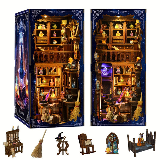 Magic House Book Nook Kit with 388-Piece Library and Potion-Room Scene, Touch Light and Clear Front Panel