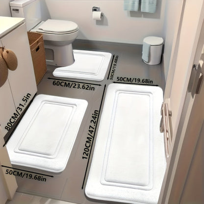 Three-Piece Bathroom Mat Set with 50 × 120, 50 × 80 and 50 × 60 cm Rugs in Five Solid Colors