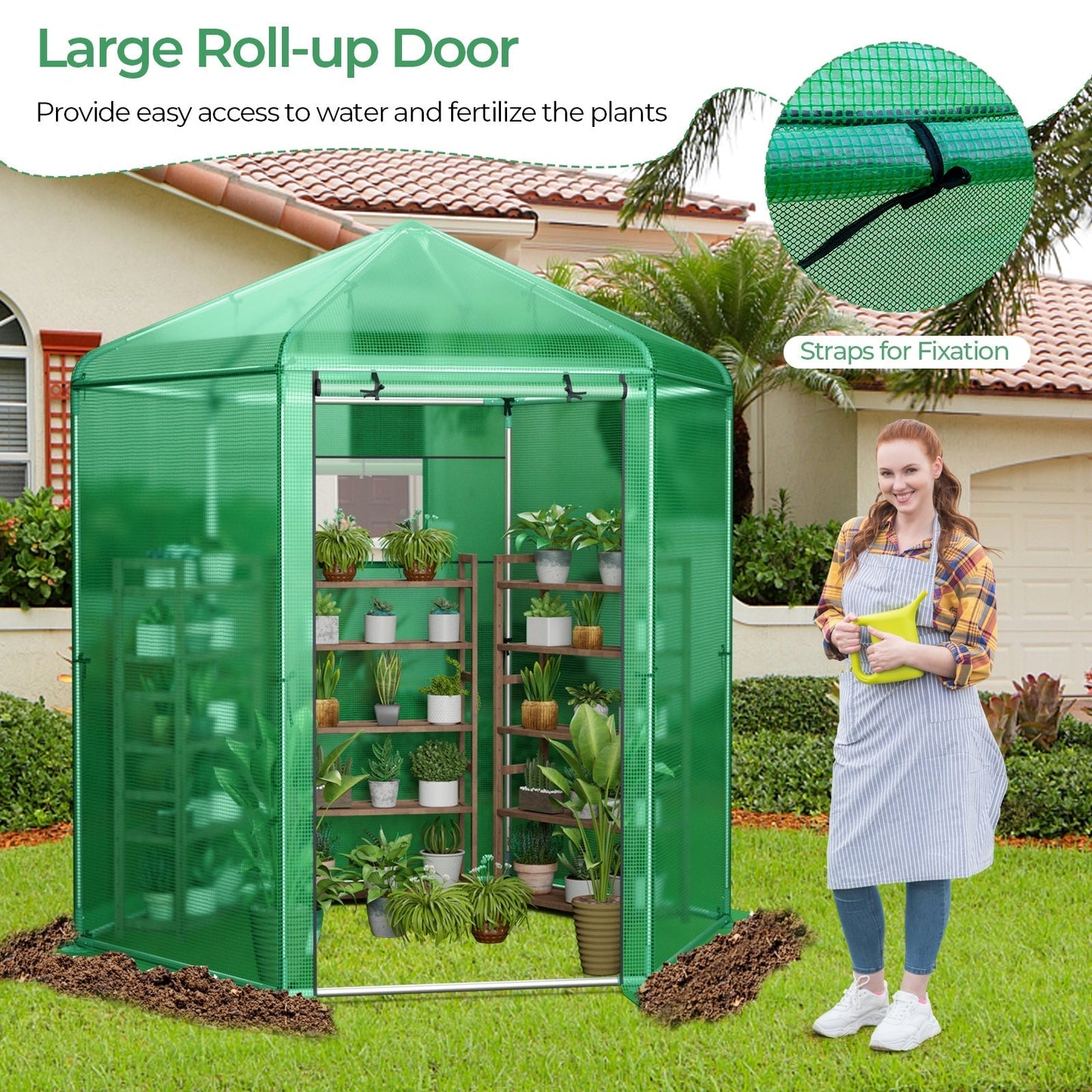 85 x 72 x 90-Inch Walk-In Greenhouse with Green Grid Cover, Roll-Up Door, Mesh Window and Six Ground Stakes