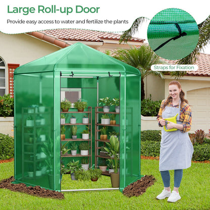 85 x 72 x 90-Inch Walk-In Greenhouse with Green Grid Cover, Roll-Up Door, Mesh Window and Six Ground Stakes