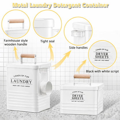 Laundry Pod Container & Dryer Sheet Holder Set with Scoop, Metal Farmhouse Laundry Room Organizer