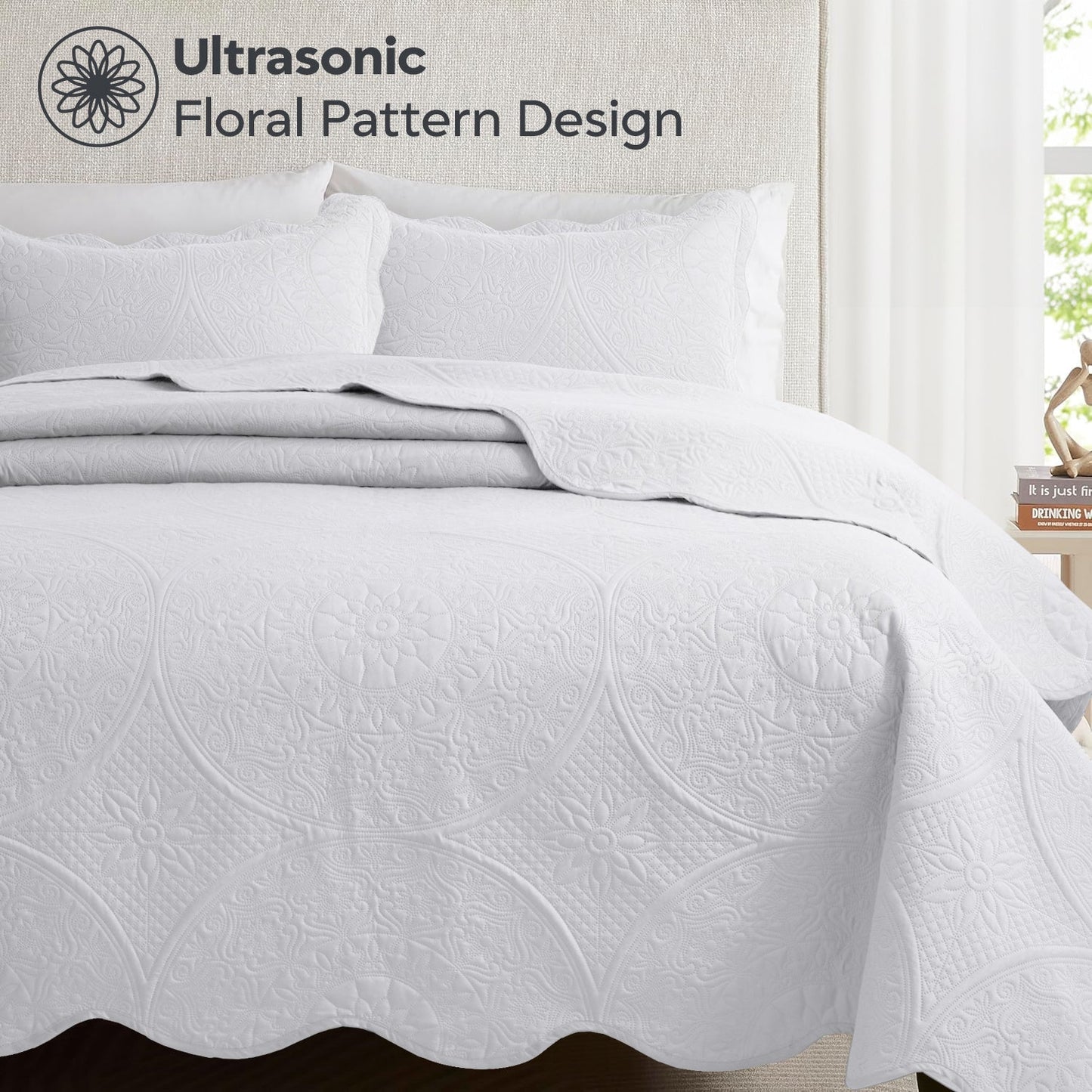Floral-Pattern Three-Piece Bedspread Set in 16 Colors with Twin, Queen, King and California King Sizes