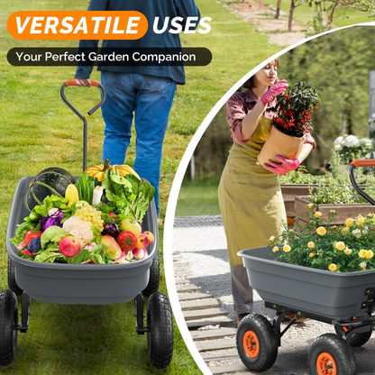 Garden Cart Dump Wagon, 4-Wheel Poly Cargo Cart with 2-in-1 Handle for Garden, Farm, Lawn and Yard Hauling