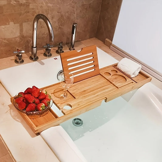 Bamboo Bath Caddy Tray with Adjustable Reading Rack - Expandable Bathtub Tray, Space-Saving Bathtub Organizer for Books