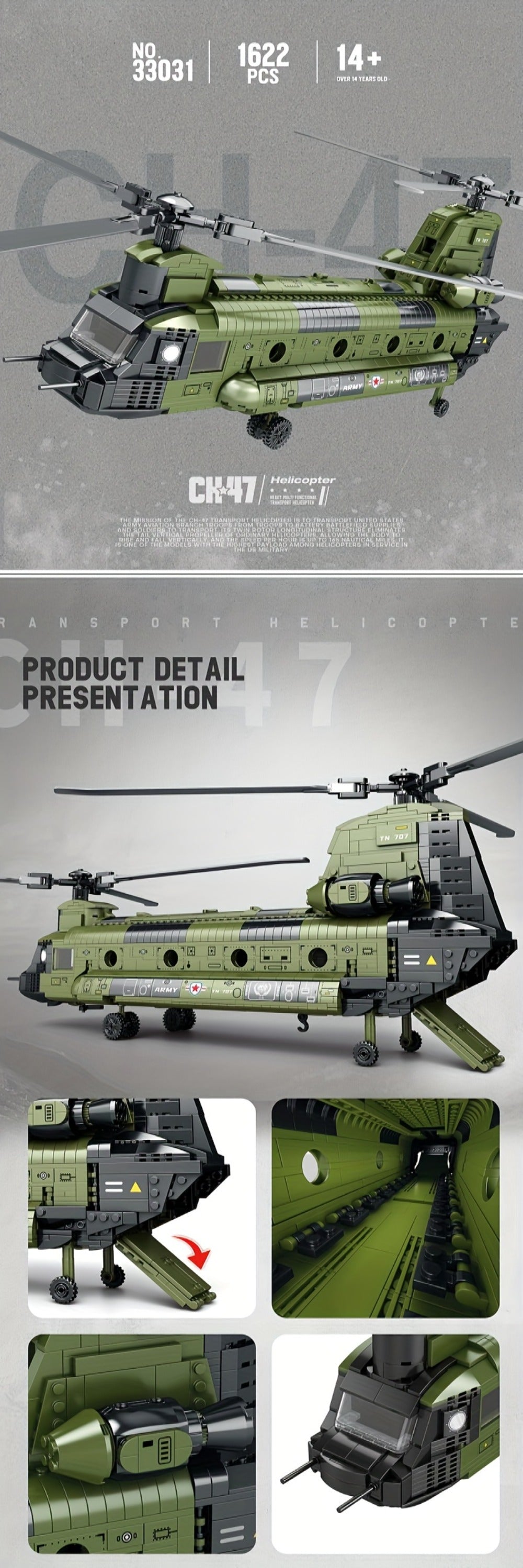 Chinook Helicopter Building Blocks Set 1622 Pcs – US Military CH-47 Transport Helicopter MOC Model Kit Adults Teens Aviation Military Fan