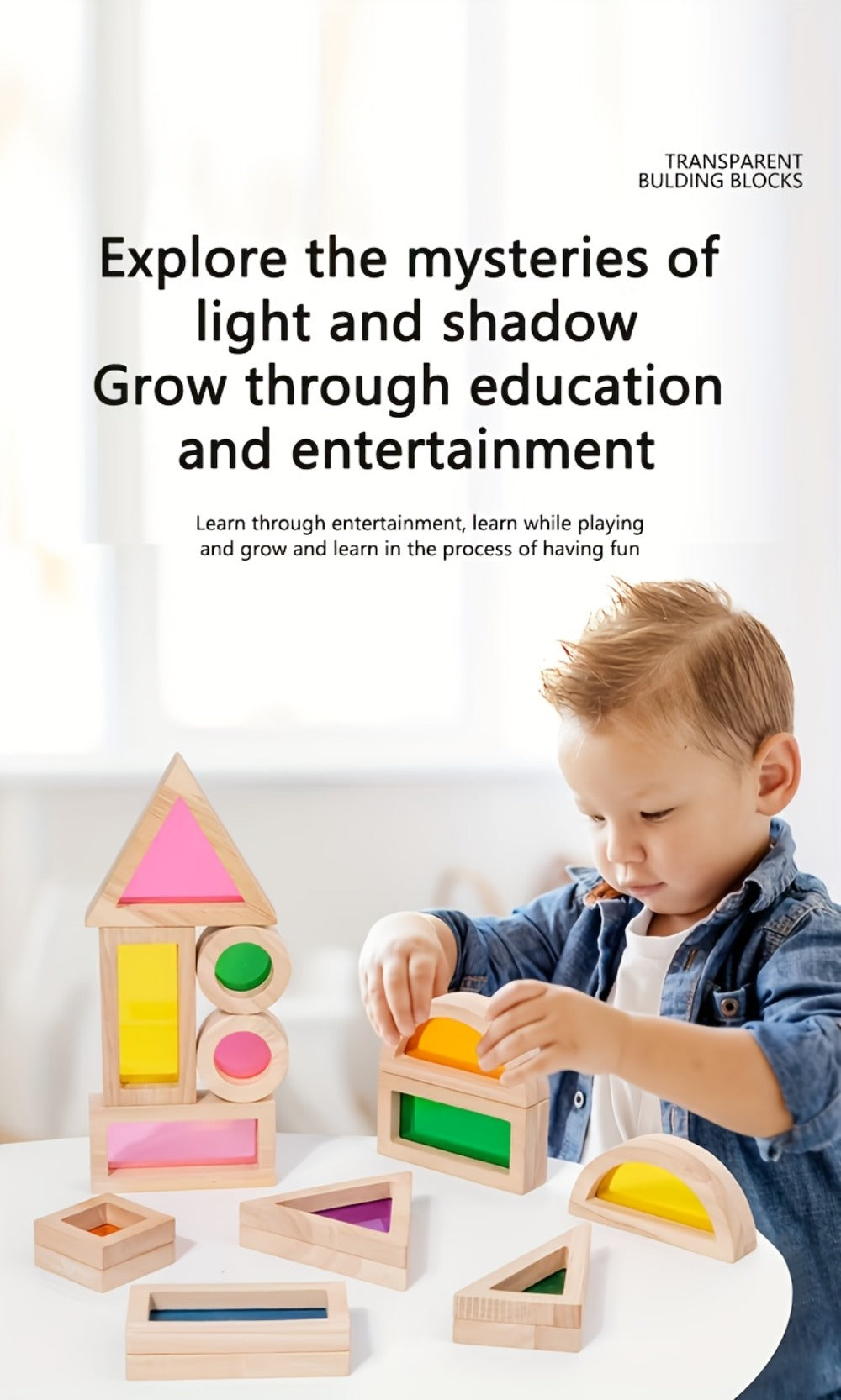 Building Block Set Translucent Acrylic Geometric Shapes with Colorful Triangle, Circle, Arch and Window Pieces