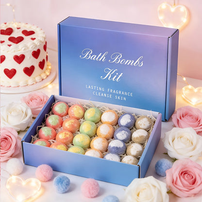Bath Bombs, 24-Piece Essential Oil Gift Set with 20g Round Fizzers, Assorted Colors and Fragrance Styles