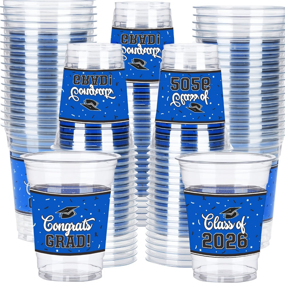 Graduation Plastic Mugs 100 Pack 14oz, 2026 Graduation Party Cups in Black Red Blue Green Purple Maroon for Graduation Ceremony