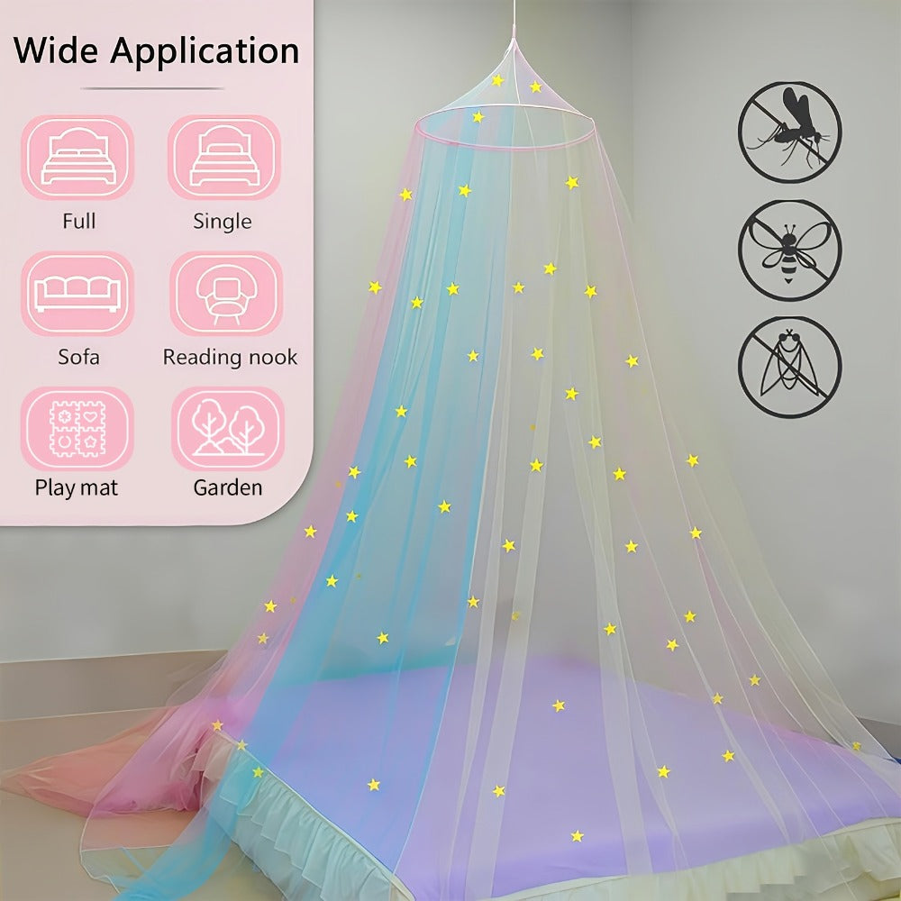 Bed Canopy for Girls Princess Rainbow Glow in the Dark Stars Colorful Canopy Curtain Fits for Entryways, Bedrooms and Living Spaces