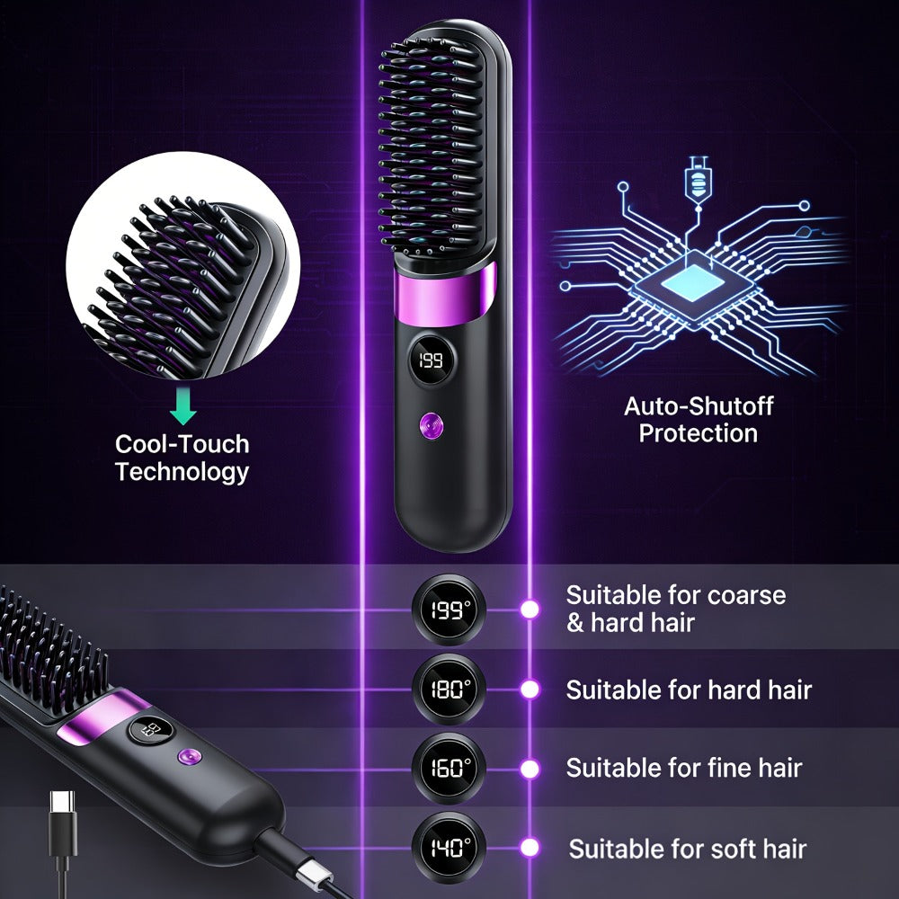 Ionic Hair Straightener Brush USB-C Rechargeable 3-in-1 Straightener Curler Styler, Adjustable Temperature