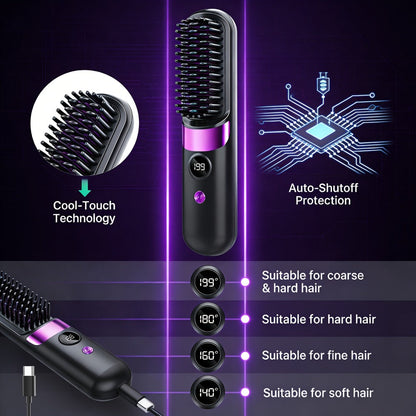 Ionic Hair Straightener Brush USB-C Rechargeable 3-in-1 Straightener Curler Styler, Adjustable Temperature