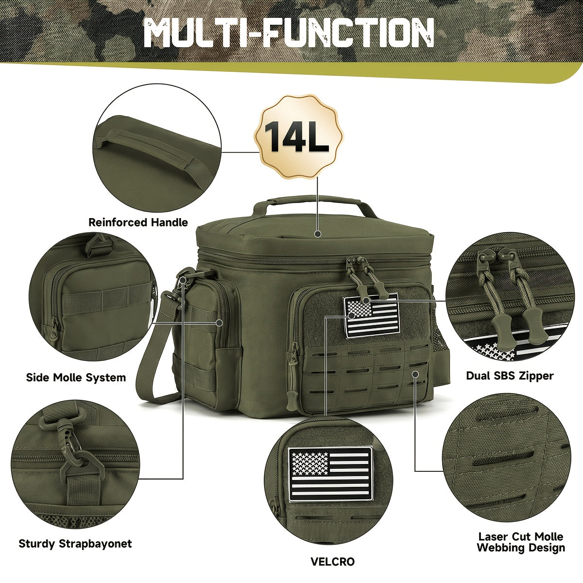 Tactical Insulated Cooler Lunch Box with MOLLE Webbing – Expandable & Leakproof, 3.7 Gal or 18L, for Hunting, Camping