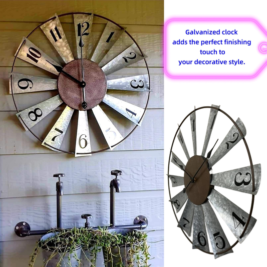 24-Inch Windmill-Style Metal Wall Clock with Galvanized-Look Silver Blades and Brown Analog Center