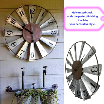 24-Inch Windmill-Style Metal Wall Clock with Galvanized-Look Silver Blades and Brown Analog Center