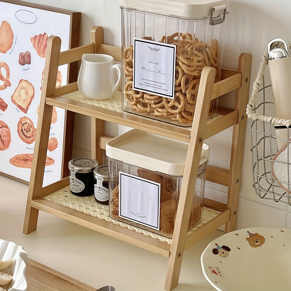 Bamboo Countertop Shelf Organizer 2-Tier – Trapezoidal Wooden Storage Rack for Kitchen Office Bedroom and Desk