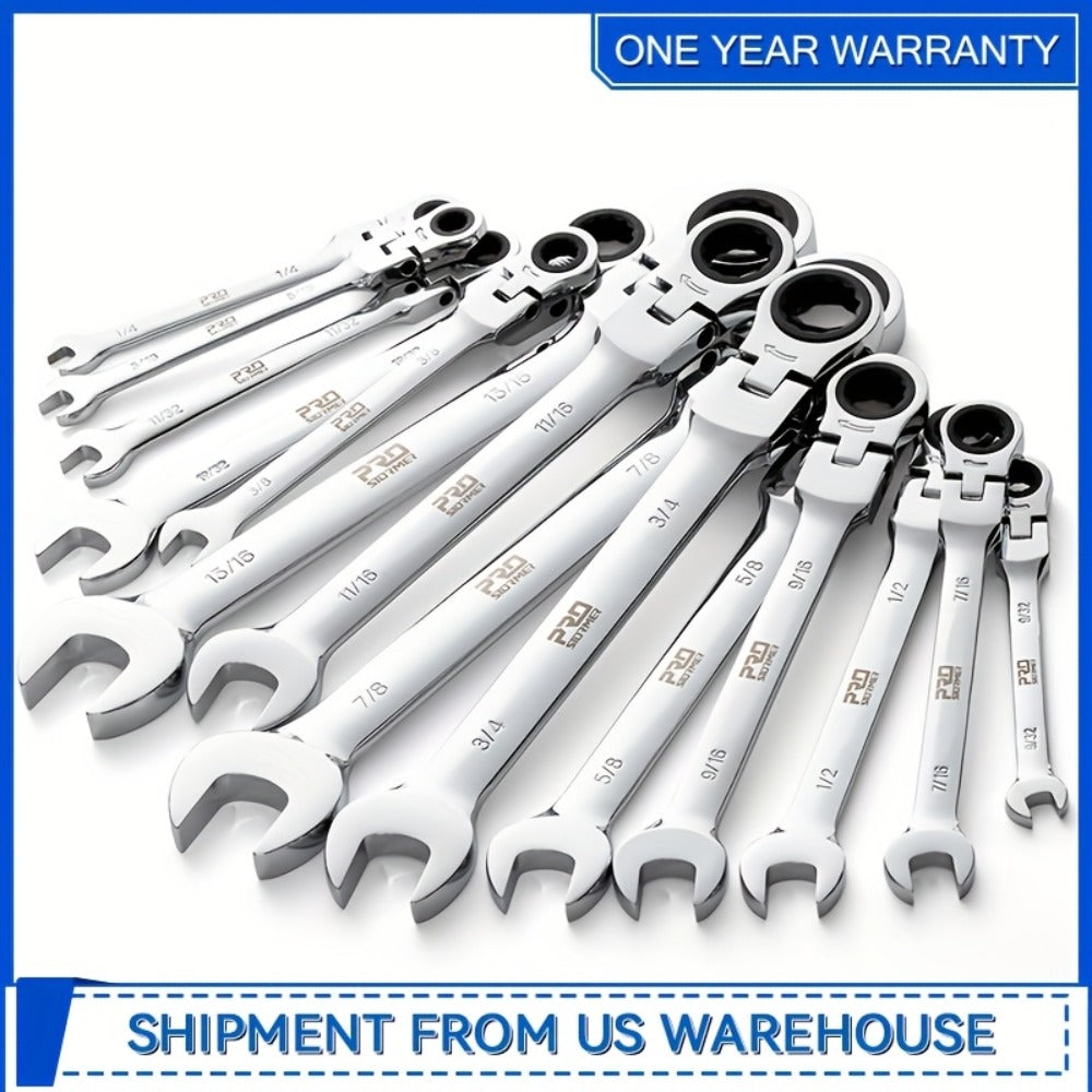 Flex Head Ratcheting Wrench Set SAE 14-Piece – 1/4" to 7/8" Chrome Vanadium Steel 72-Tooth 180° Flex Head with Organizer Rack for Auto