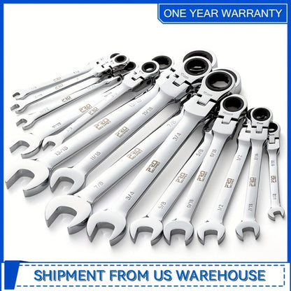 Flex Head Ratcheting Wrench Set SAE 14-Piece – 1/4" to 7/8" Chrome Vanadium Steel 72-Tooth 180° Flex Head with Organizer Rack for Auto