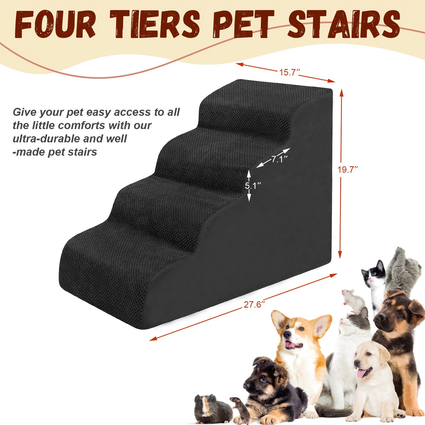 Dog Stairs for High Beds & Sofas – 2/3/4 Step Memory Foam Pet Steps with Non-Slip Bottom, Washable Cover & Textured Surface