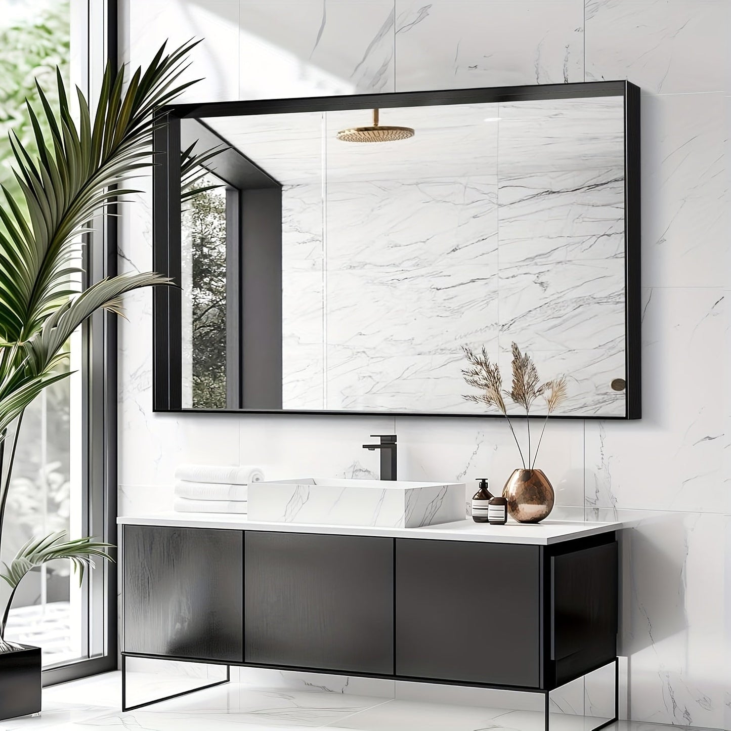 Rectangular Metal-Frame Bathroom Mirror in Black, Gold or Silver with Six Sizes and Dual Orientation