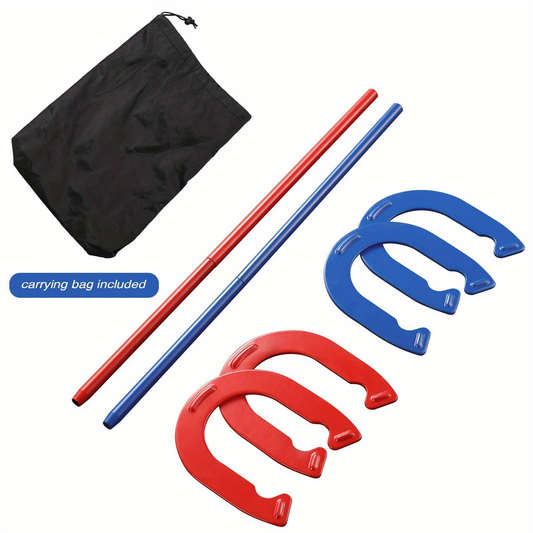 Horseshoes Game Set Heavy Duty – 4 Forged Steel Horse Shoes & 2 Stakes, 1.2lb Each, Red & Blue – Outdoor Lawn Game for Adults & Family
