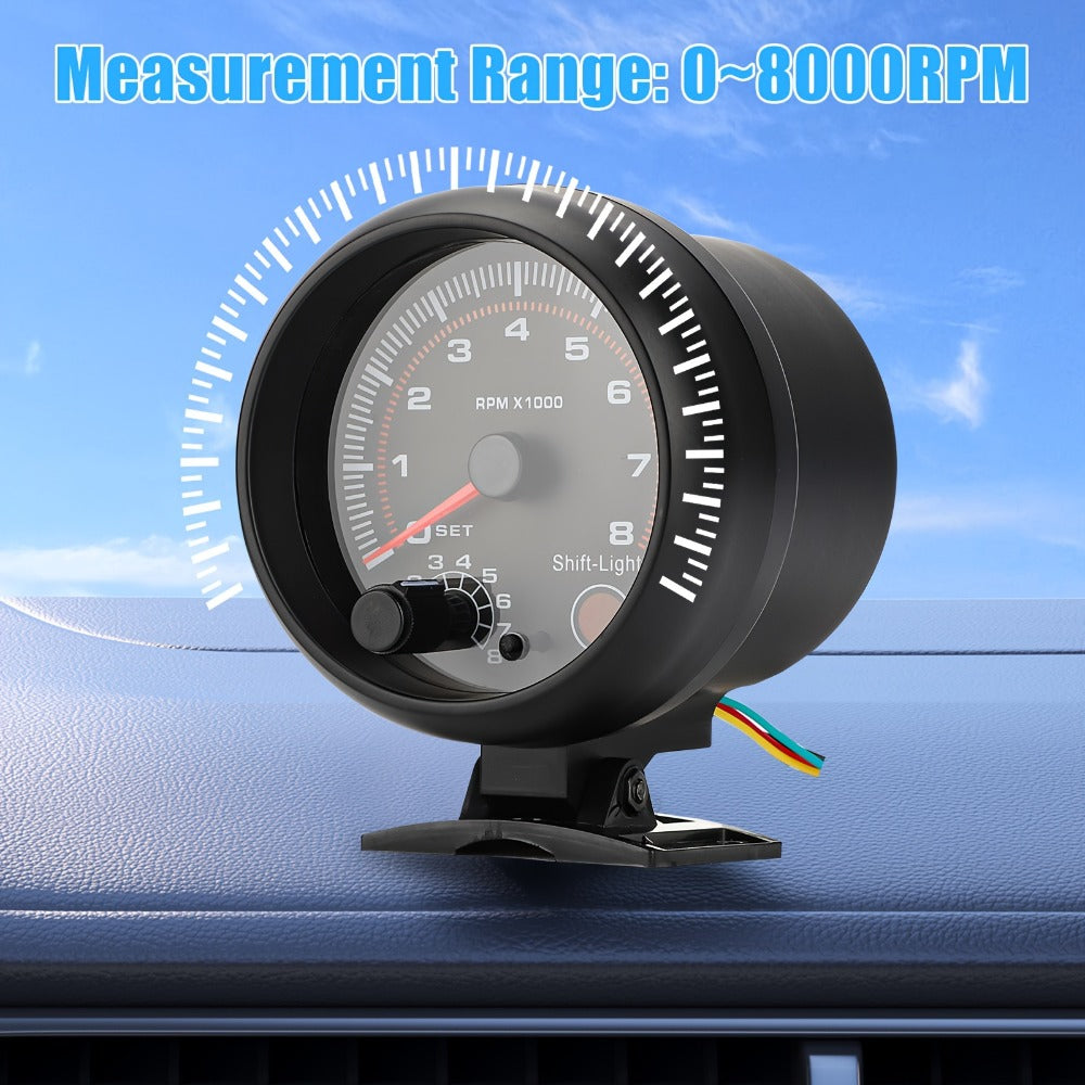 Car Tachometer Gauge 12V 0-8000 RPM 3.75 Inch – LED Shift Light, ABS Black Dial for 4 6 8 Cylinder Petrol Engines