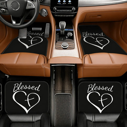 Heart and Cross Car Floor Mats, Four-Piece Black Printed Set with Two Front and Two Rear Mats