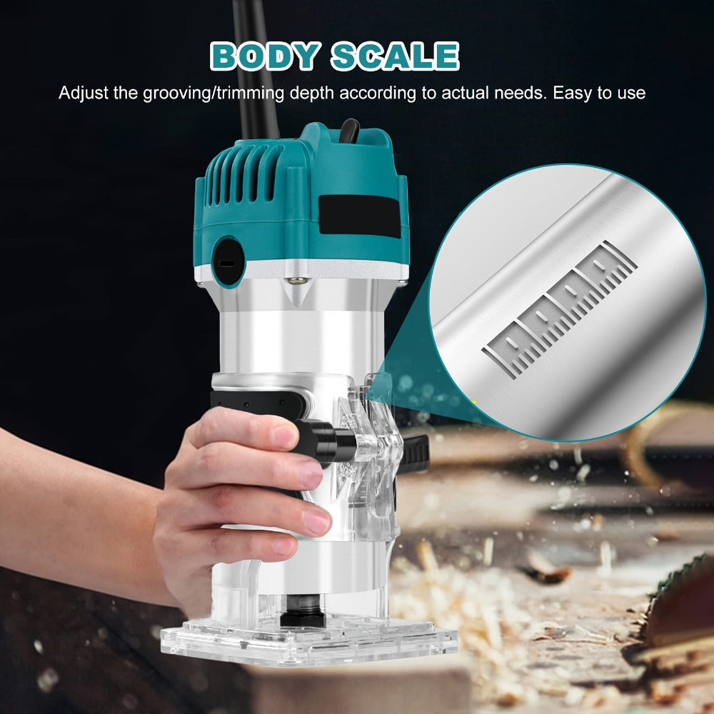 Six-Speed 800W Laminate Trimmer with Clear Base, Shaft Lock and Guide Accessories in Blue Housing