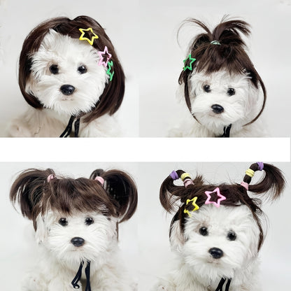 Dog Wig Costume for Small Medium Dogs, Funny Pet Hair Headpiece Adjustable Heat-Resistant Trimmable Black Brown Wig for Halloween Christmas