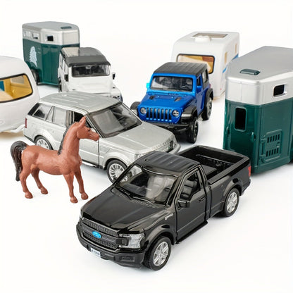 RMZCity 1:36 Scale Zinc Alloy Pull Back Car with Horse Trailer & Horse Vehicle, Openable Doors Diecast Toy Set for Kids & Adults