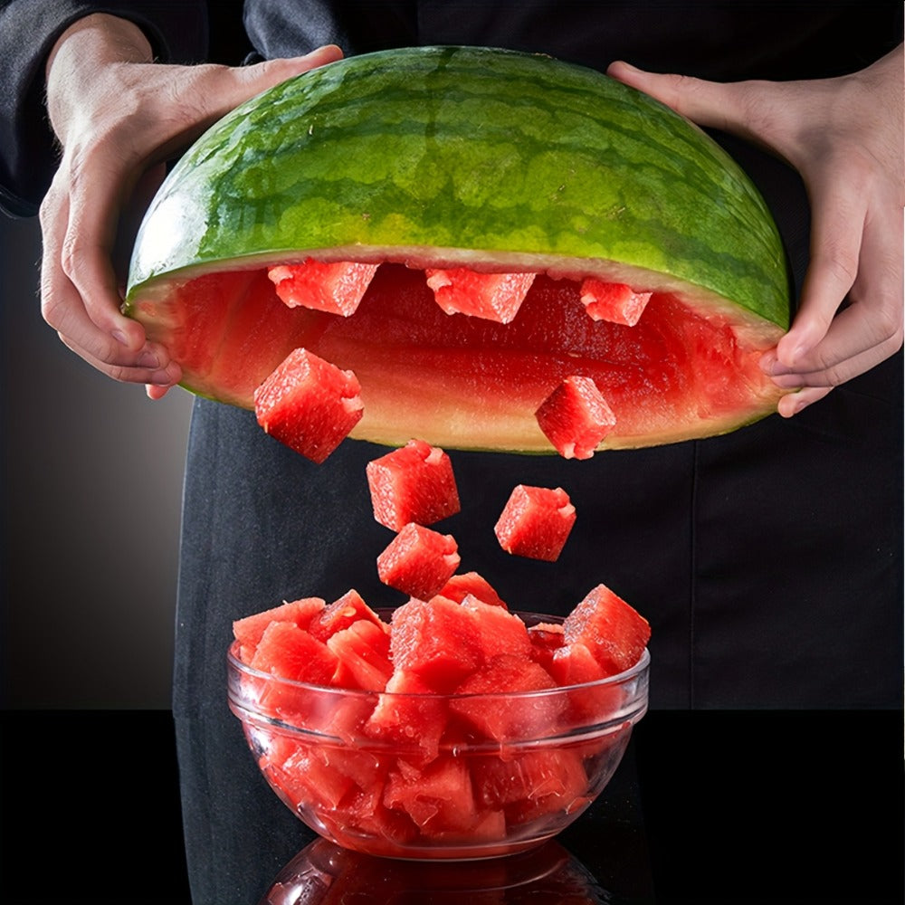 Tong-Style Watermelon Cube Cutter with Stainless Steel Arms, Marked Spacing and Black Handle