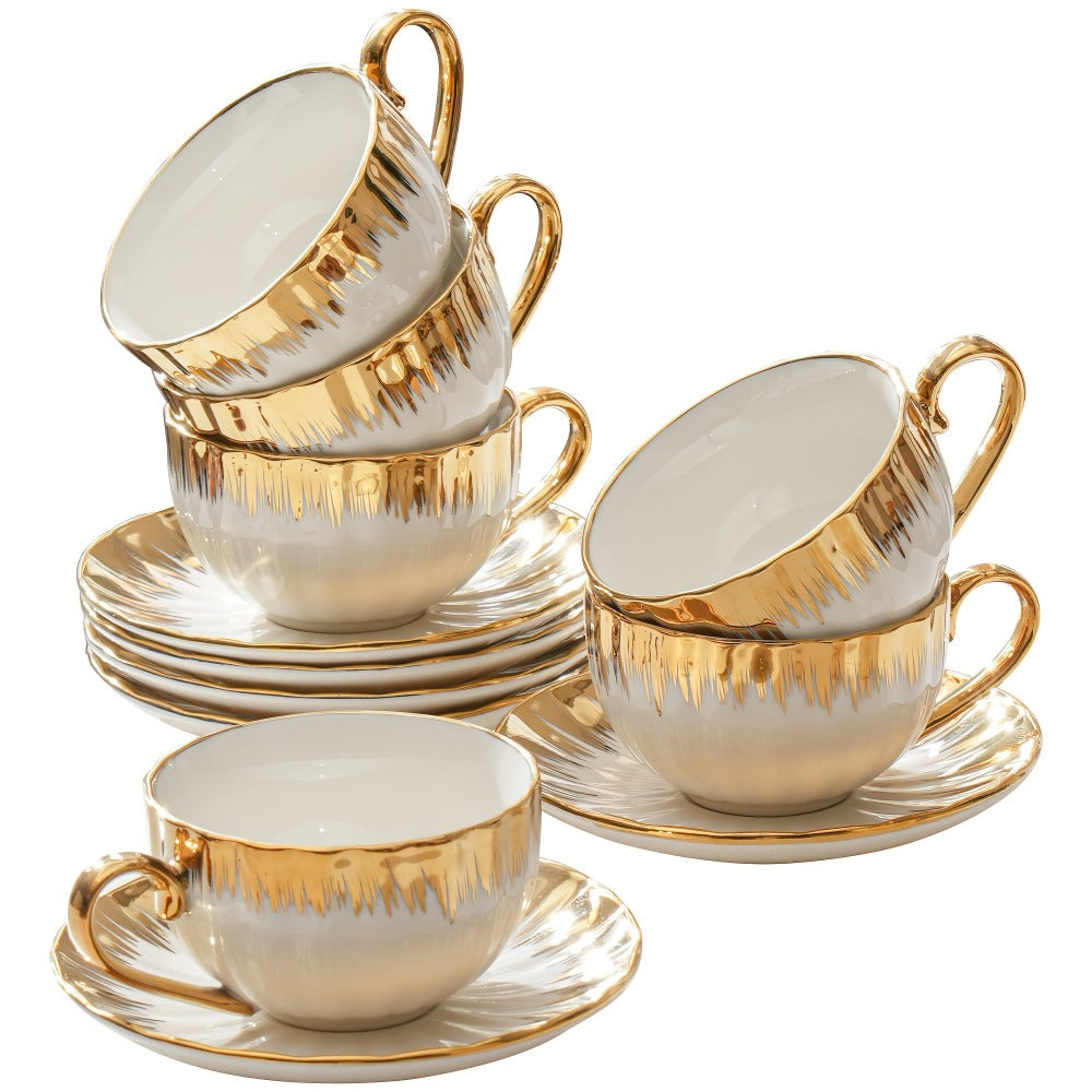 European Ceramic Coffee Cup and Saucer Set of 6 – Light Luxury 8.45oz Porcelain Tea Cups with Plates | Elegant Floral Dinnerware for Wedding