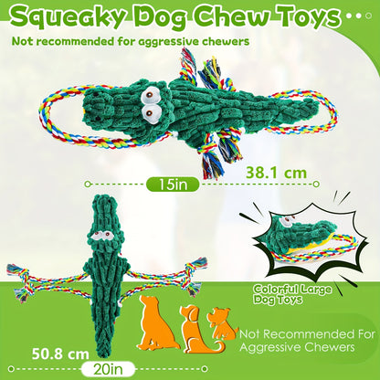 Squeaky Rope Dog Toy Crocodile Shape – Durable Cotton Rope Chew & Tug Toy with Built-In Squeaker, Teeth Cleaning