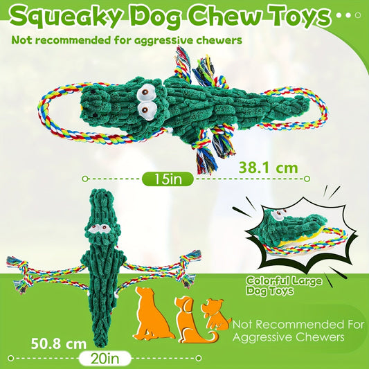 Dog Toy Green Crocodile Rope Tug with Cotton Canvas Body, Knotted Ends and Built-In Squeaker