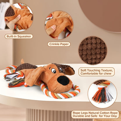Dog Chew Toys, Squeaky Dog Toys for Aggressive Chewers – Interactive Tug of War Rope Toy, Crinkle Plush Chew Toys