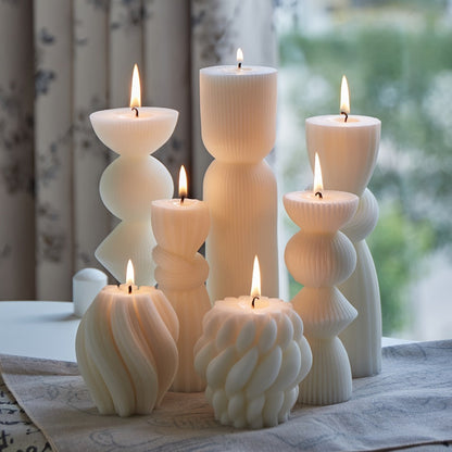 Ribbed Pillar Candles 7-Pack Large Soy Wax, Handmade Aesthetic Pillar Candle Set for Home Decor, Wedding Centerpiece