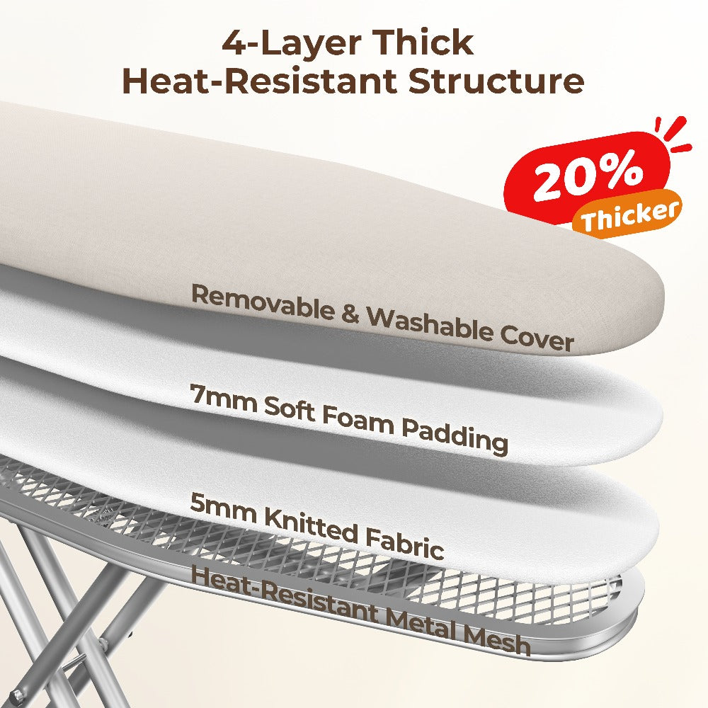 Ironing Board Full Size Foldable Height Adjustable with Clothes Rack Cord Holder 4-Layer Pad Heavy Duty Steel Legs for Laundry Room Living
