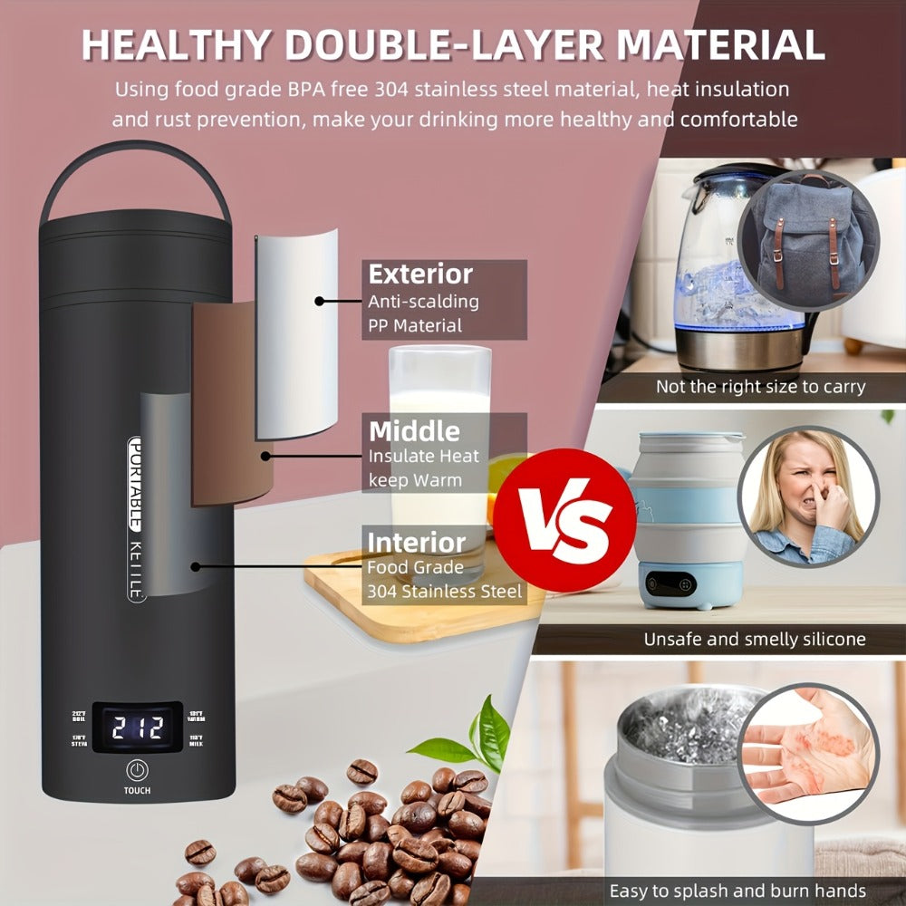 Travel Electric Kettle Mini Portable 304 Stainless Steel 4 Temperature Settings Auto Shut-Off Boil-Dry Protection BPA-Free Water Boiler